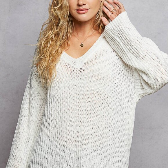 Oversized White Knit Sweater | Slouchy V-Neck Pullover | Boho Cozy Top NWT - Picture 6 of 6